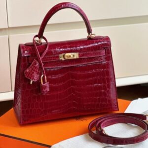 Hermes Kelly Plum Red Crocodile Fake Handbags Woman’s Lock Gold 25cm