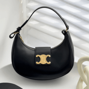 Celine Triomphe Curved Fake Handbag Black Matte Leather 23x14x7cm